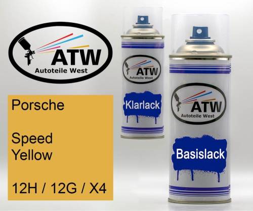 Porsche, Speed Yellow, 12H / 12G / X4: 400ml Sprühdose + 400ml Klarlack - Set, von ATW Autoteile West.
